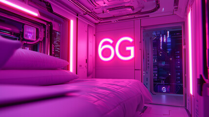 Neon Glowing 6G Text in Futuristic Digital Cityscape with Holographic Elements
