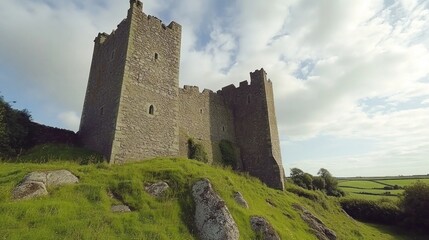 Fototapeta premium Ancient stone castle on grassy hill under cloudy sky.