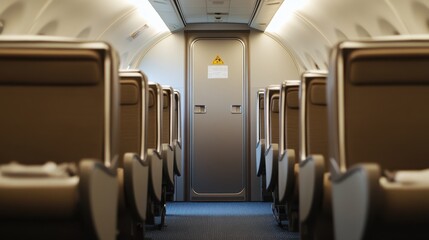 An airplane interior showcases numerous seats with an open door, inviting a glimpse into the cabin's spacious layout and design.
