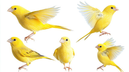 Fototapeta premium Yellow canary bird collection, portrait, standing and flying, isolated on a white background.
