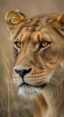 Fototapeta premium Majestic lioness portrait in natural habitat capturing intensity and grace