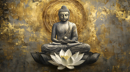 A Buddha with a lotus flower, sitting cross-legged and floating in the air
