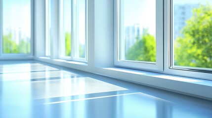 Fototapeta premium A cityscape view through a window, showcasing urban architecture and skyline against a clear sky.