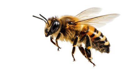una abeja impresionante vuela, aislada sobre fondo transparente, macro, polinizador increíble, IA generativa
