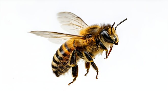 una abeja impresionante vuela, aislada sobre fondo transparente, macro, polinizador incre&iacute;ble, IA generativa
