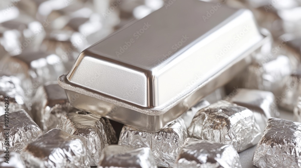 Poster a reflective silver container rests atop rocks covered in shiny foil, creating a striking contrast b