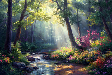 Obraz premium Serene Forest Oasis with Towering Trees, Meandering Stream, and Vibrant Wildflowers