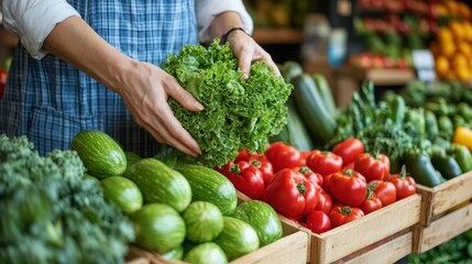 Fototapeta premium A person gathers fresh vegetables from a vibrant market, showcasing a variety of colors and types, emphasizing healthy eating and local produce.