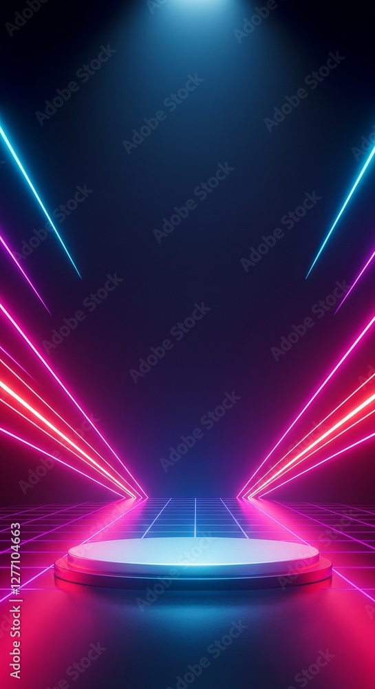 Poster futuristic neon stage with glowing laser lights and grid lines in a dark ambient setting