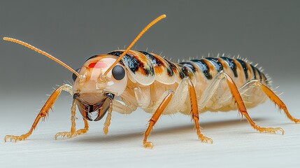 Close-up of a vibrant insect showcasing intricate details and textures on a neutral background