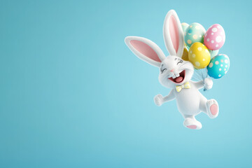 A playful Easter Bunny flying through the air, holding a bunch of helium-filled egg-shaped balloons, giggling with joy.