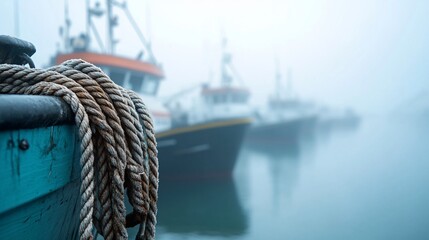 Obraz premium Foggy harbor, fishing boats, rope detail