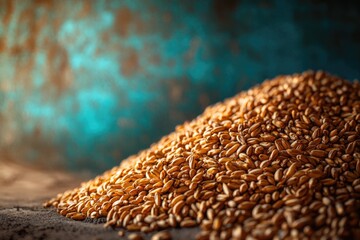 Obraz premium A close-up shot of a pile of golden wheat grains against a teal background.