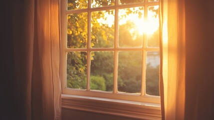 Fototapeta premium Sunlight streams through a window, illuminating a room adorned with soft curtains, creating a warm and inviting atmosphere.