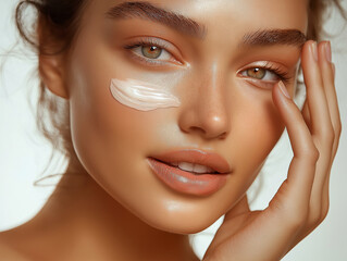 Beautiful woman applying moisturizing cream on face for skincare routine