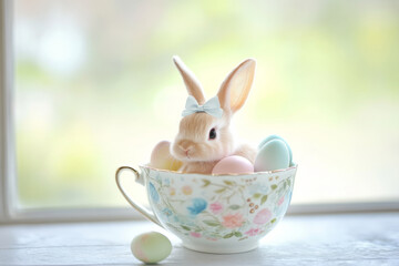A sweet Easter Bunny with a tiny bow on its head, sitting inside a decorative teacup filled with tiny, pastel-colored Easter eggs.