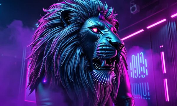 Cyberpunk Big Lion, Featuring Neon Lighted Circuit Patterns in Electric Blue and Magenta. Background Has Futuristic Holographic Look with Customizable Lighting Effects. 4k