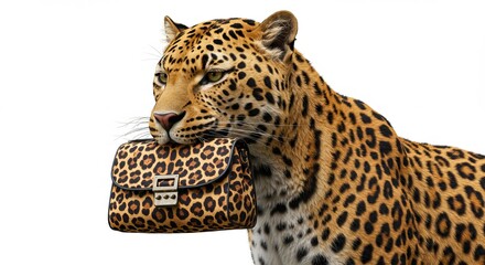 Obraz premium Leopard holding stylish animal print bag against white background