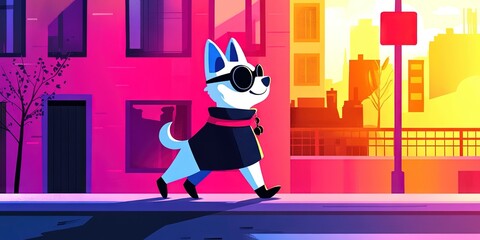cartoon anthropomorphized dog dressed as fashionista walking in city