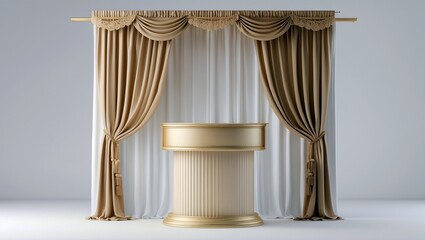 Elegant podium stand with curtain on white background