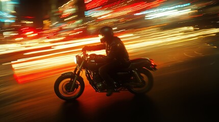 Fototapeta premium A hazy depiction of a man navigating a motorcycle through an urban landscape, highlighting movement and speed in a bustling city environment.