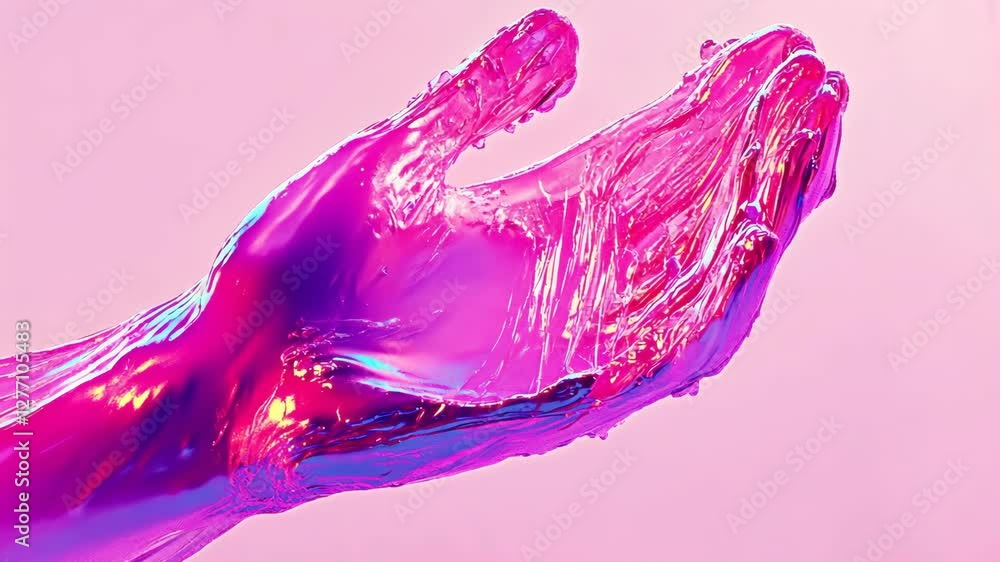 Poster vibrant hand emerging from colorful liquid against a soft pink background creating a surreal visual 