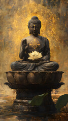 A Buddha with a lotus flower, sitting cross-legged and floating in the air
