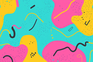 Fototapeta premium A vibrant 90s-inspired background with playful squiggles, asymmetrical blocks, and dynamic color splashes in neon pink, cyan, and electric yellow. A nostalgic throwback to pop culture aesthetics.