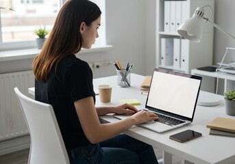 Woman working on laptop in modern home office. Remote work setup with desk, computer, and coffee. Freelance, telecommuting, or digital nomad lifestyle concept.