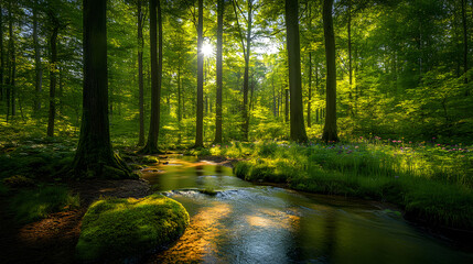 Obraz premium Serene Forest Oasis with Towering Trees, Meandering Stream, and Vibrant Wildflowers