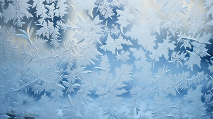 Frosty Windowpane, Winter’s Delicate Artistry. Close-Up of Intricate Snowflake Crystals on Blue Gradient Background. Frost, frozen surface, window. Ice, icy pattern, texture