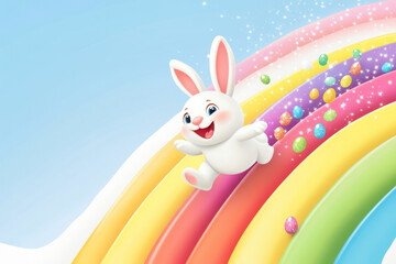 A playful cartoon-style Easter Bunny sliding down a colorful rainbow, with a trail of tiny sparkling Easter eggs following behind.