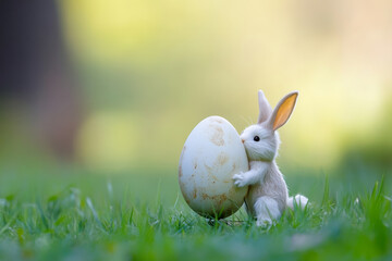 A tiny Easter Bunny holding a massive Easter egg, struggling to balance it as it wobbles humorously.