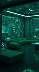 Futuristic neon living room with green marble and modern furniture