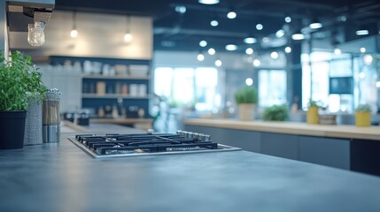 A modern kitchen features a sleek stove top alongside a vibrant potted plant, creating a harmonious blend of functionality and nature.