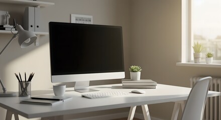 Modern minimalist home office workspace with computer, keyboard, and accessories on white desk. Professional creative setup for remote work, design, or productivity.
