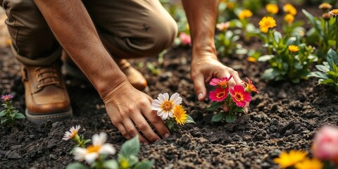 Fototapeta premium Gardener Planting Flowers in a Vibrant Garden