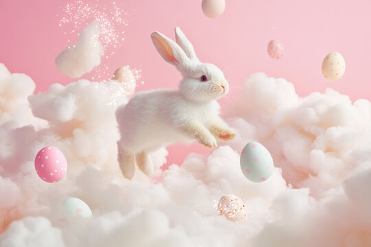 A playful Easter Bunny bouncing on fluffy cotton candy clouds, leaving behind a sparkling trail of floating Easter eggs in soft pastel tones.
