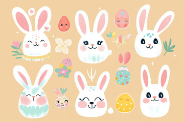 A stylish, illustrated Easter Bunny sticker pack featuring different playful expressions and festive accessories.