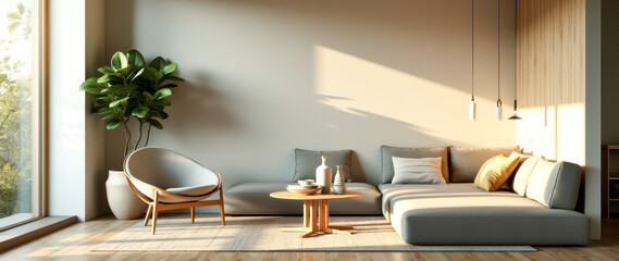 modern living room interior with gray sofa and armchair bathed in sunlight