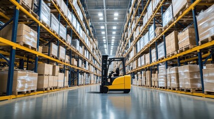 A spacious warehouse filled with organized pallets and boxes neatly arranged on shelves, showcasing efficient storage and inventory management.