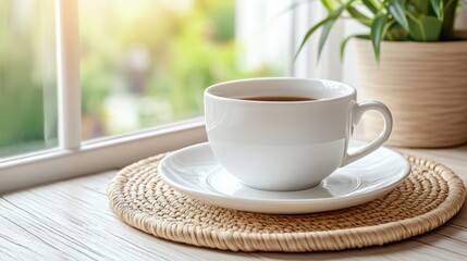 Fototapeta premium A coffee cup resting on a saucer, elegantly placed on a wooden table, inviting warmth and comfort to the atmosphere.