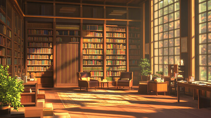 Modern, cozy library with large windows and natural light, elegant reading area with wooden shelves and comfortable seating