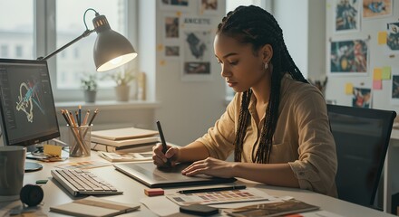African american woman designer working on graphics tablet in creative studio. Digital art workspace with computer, lamp, and inspiration board. Freelance artist concept.
