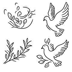 Obraz premium Line art illustrations of birds and botanical elements for decorative design concept