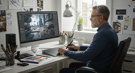 Senior male graphic designer working on computer in creative office space. Digital art workspace with sketches on wall. Professional using design software for project