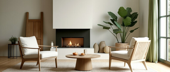 two armchairs and coffee table in a modern living room with a fireplace