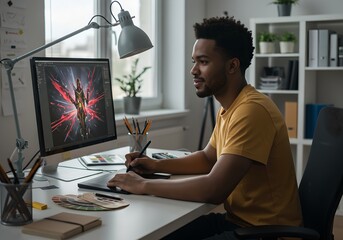 African american man working on digital art at home office. Graphic designer using drawing tablet and computer for creative project. Freelance artist workspace.