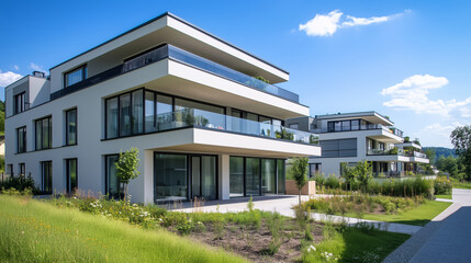 Modern sustainable apartment complex with greenery and balconies
