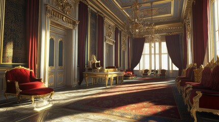 Obraz premium Sunlit opulent palace hall with red velvet furniture, gold accents, and large windows.